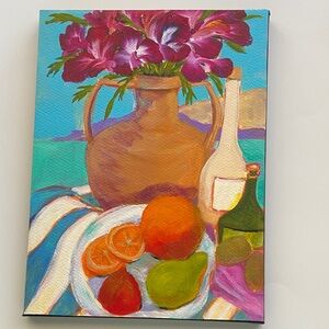 Original Art Mediterranean Terrace Feast Purple Flower Vibrant Still Life Canvas